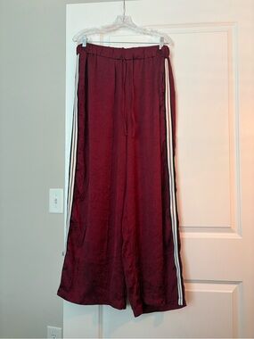 Wide Leg Drawstring Pants in Burgundy with Side Stripes